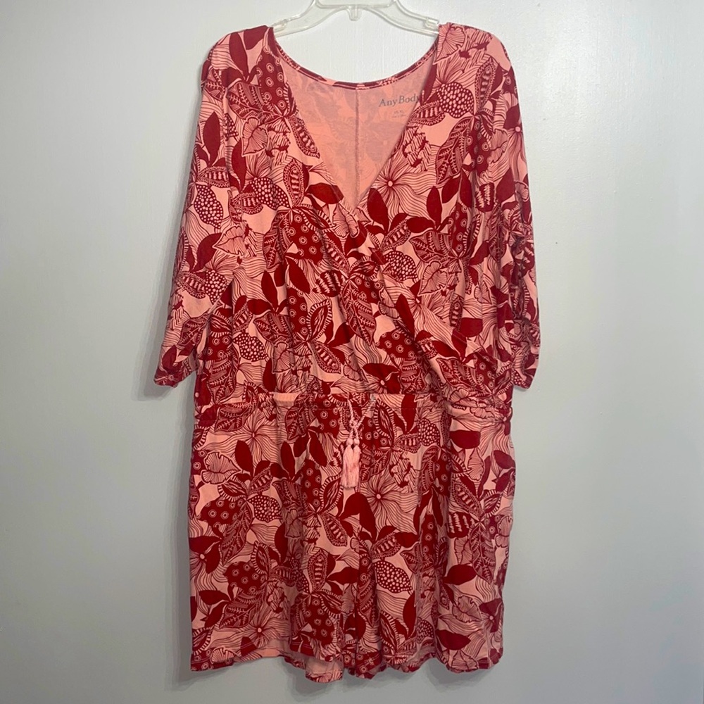 AnyBody XL Peach Floral Wrap Romper Shorts Cozy Knit w/ Pockets